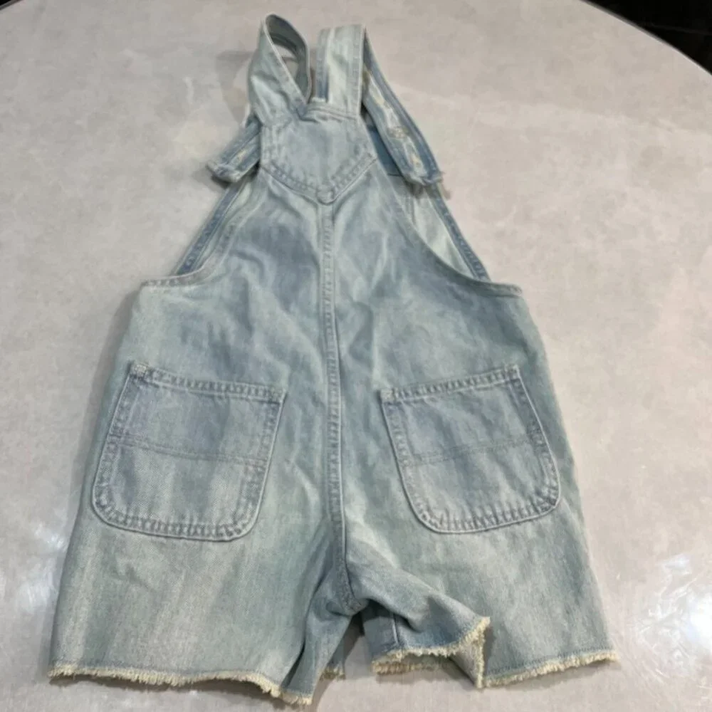 NEW   Old Navy Girls Light Wash Denim Shortalls Frayed Hem Pearl